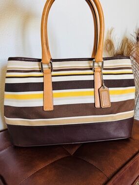 🤎💛 Coach Hamptons Stripe Canvas Leather Tote | Rare Vintage 7719 | + Care Cards